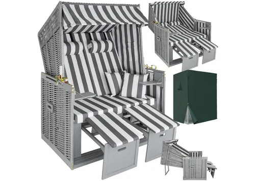 tectake® Gepolsterter Strandkorb mit Fußbänkchen und Seitentischen - Strandkorb 115 x 158 x 78 cm, bietet ultimativen Komfort und verwandelt deinen Garten in eine Wohlfühloase mit klappbaren Seitentischen und weiteren Extras.
