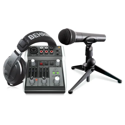 Behringer PODCASTUDIO 2 USB - Komplettes PODCASTUDIO-Bundle, ideal für professionelles Podcasting und Musikproduktion mit Mixer, Mikrofon und Kopfhörern