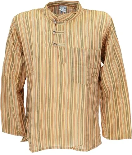 GURU SHOP Nepal Fischerhemd, Gestreiftes Goa Hippie Hemd, Yogahemd - Cider, Herren, Baumwolle, Size:M