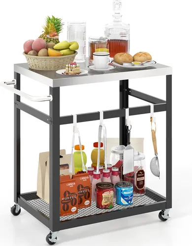 COSTWAY 2-stöckiger Grillwagen aus Edelstahl mit Rädern und Haken - Vielseitiger Grillwagen mit hochwertiger Edelstahl-Arbeitsplatte, großem Stauraum und 4 Haken. Ideal für Grillen und Zubereitung im Freien, mobil dank 4 Universalrädern, von denen 2 feststellbar sind.