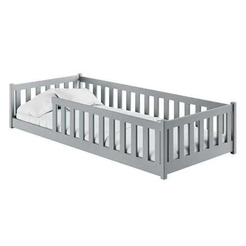 Kids Collective Kinderbett 80x180 cm mit Rausfallschutz - Montessori Bett mit abnehmbarem Rausfallschutz, aus FSC-zertifiziertem Kiefernholz für sicheres Schlafen von 3 bis 12 Jahren, inklusive Matratze und Lattenrost.