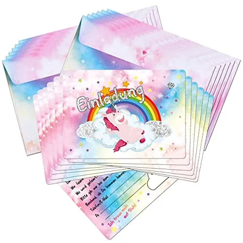 TOBJA® 12x Einladungskarten Kindergeburtstag Einhorn inkl. Umschläge - Einladung für Kinder mit echtem Glitzer | Einladungskarten Geburtstag Mädchen | Auch zur Einschulung o. Partyeinladungen