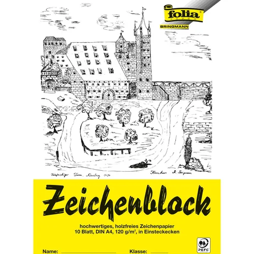 folia 8104 - Zeichenblock DIN A4, 10 Bogen, 120 g/m², hochwertiges holzfreies Papier mit Leinenecken für einfaches Herausnehmen, ideal für Schule und Hobby