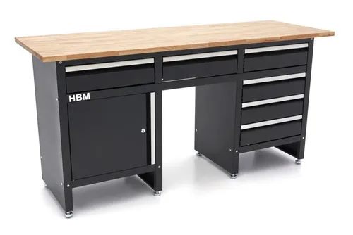 HBM 171 cm Werkbank mit 6 Schubladen und Massivholzarbeitsplatte - Werkstatteinrichtung mit 600 kg max. Belastung, ideal für eine sichere und praktische Aufbewahrung Ihrer Werkzeuge in einer stilvollen Werkstatt.