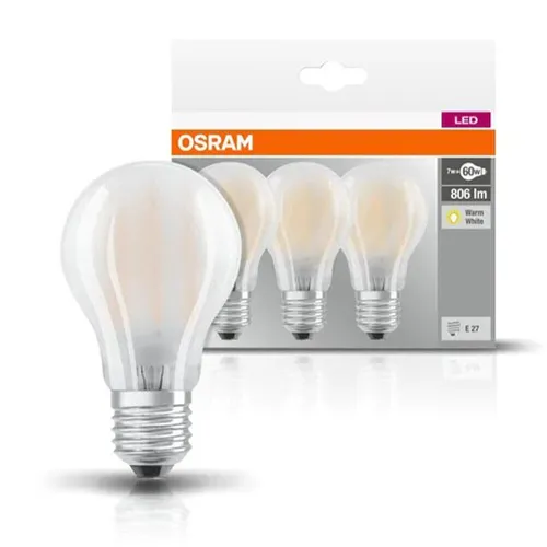 OSRAM LED Base Classic A - E27 Sockel, Warmweiß, 7W - Energiesparlampe mit E27-Sockel, warmweißem Licht und einer Lebensdauer von bis zu 15.000 Stunden. Ideal für eine energieeffiziente Beleuchtung in Innenräumen.