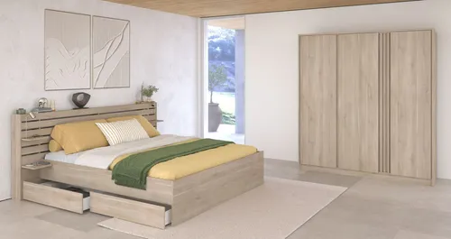 Parisot Schlafzimmer-Set Escale (3-tlg) - Eiche oder Weiss, drehbarer Kleiderschrank - Betten Set mit Stauraumbett und 3-türigem Kleiderschrank, bietet viel Stauraum und pflegeleichte Materialien, ideal für ein modernes Schlafzimmer.