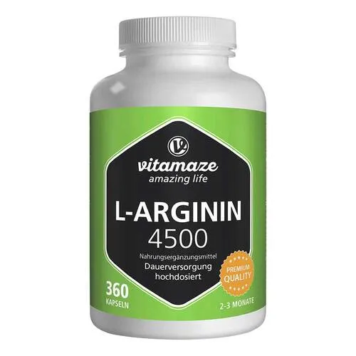 Vitamaze L-ARGININ HOCHDOSIERT 4.500 mg - Nahrungsergänzungsmittel mit 4.500 mg hochdosiertem L-Arginin pro Tagesdosis, unterstützt die Proteinbildung und ist ideal für sportliche Aktivitäten.