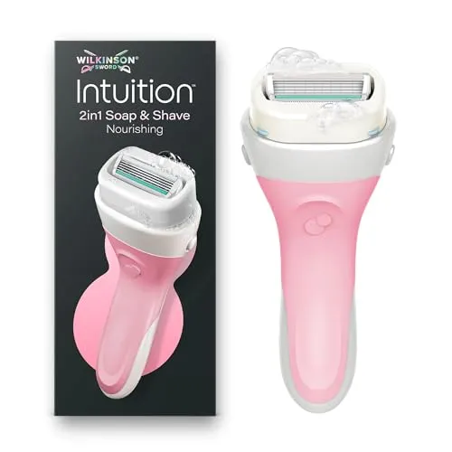 Wilkinson Sword Intuition 2in1 Soap & Shave Damenrasierer mit veganer Seife - Damenrasierer mit vier Klingen und integrierter veganer Seife für eine mühelose Rasur. Der gummierte Griff sorgt für optimale Kontrolle, selbst in der Dusche. Perfekt für die tägliche Anwendung auf empfindlicher Haut.