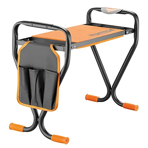 Fuxtec Gartenhocker FX-KB1 - Klappbare Kniebank für Garten und Camping - Kniebank und Hocker in einem, bis 100 kg belastbar. Ideal für Gartenarbeit mit großer Werkzeugtasche und bequemem Polster. Praktisch klappbar für einfaches Verstauen.