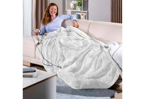 Delindo Lifestyle Heizdecke XXL Winterfell - Heizdecke in Lammfell-Optik, 215x240 cm, 9 Heizstufen und Abschaltautomatik für sicheren Komfort. Waschbar und OEKOTEX 100 zertifiziert, ideal für kalte Tage.