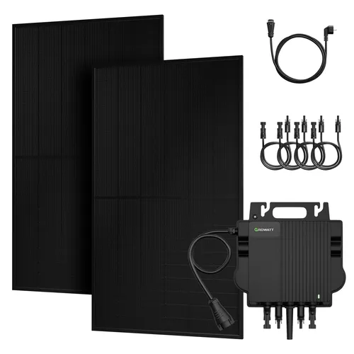 Growatt Balkonkraftwerk 1000W - Effiziente Solaranlage mit 800W Wechselrichter - Balkonkraftwerk mit 800W Growatt Mikro-Wechselrichter, 2 x 500Wp bifaziale Solarmodule und optionalen Halterungen für Balkon oder Flachdach. Maximale Effizienz von bis zu 97.3%!