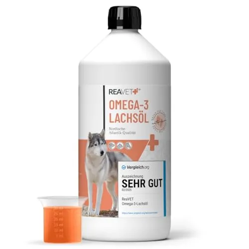 REAVET Omega-3 Lachsöl 1 l - Tiergesundheit – Hochwertiges Lachsöl in Lebensmittelqualität, reich an Omega-3- und Omega-6-Fettsäuren, fördert Haut, Gelenke und Herzgesundheit für Hunde, Katzen und Pferde.