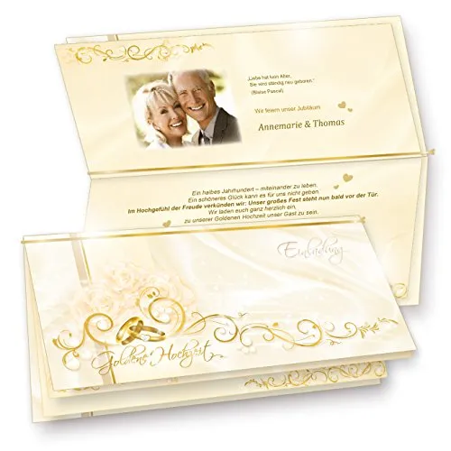 tatmotive Einladungskarten Goldene Hochzeit (20 Sets) fein abgestimmte Einladungen Goldhochzeit, Set mit 20 Karten, 20 Umschläge, 20 Einlegeblätter zum Selbstbedrucken