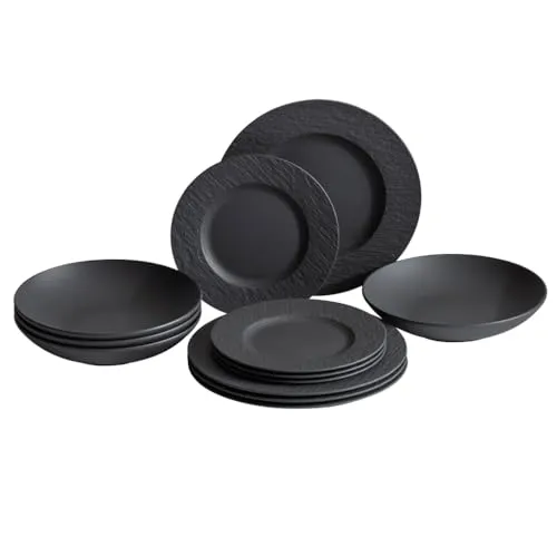 Villeroy & Boch Manufacture Rock Tafelservice 12-teilig - 12-teiliges Tafelservice aus hochwertigem Premium Porcelain in eleganter Schiefer-Optik, mikrowellensicher und spülmaschinenfest – ideal für stilvolle Anlässe.