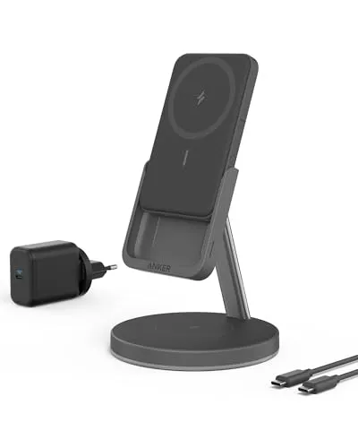 Anker 633 Magnetisches Kabelloses Ladegerät (MagGo) - 2-in-1 Ladestation für iPhone und AirPods - Kabelloses Qi-Ladegerät, bietet gleichzeitiges Laden von iPhone 15/14/13 und AirPods mit 5000mAh Powerbank für Energie unterwegs.