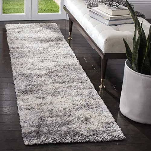 SAFAVIEH Zottelig Teppich für Wohnzimmer, Esszimmer, Schlafzimmer - Berber Shag Collection, Kurzer Flor, Grau und Creme, 61 X 244 cm