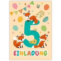 JUNAPACK Einladungskarten Fuchs Einladungen zum 5. Geburtstag Karten für Kinder Wald Tiere, Einladungskarten zum 5. Geburtstag mit Fuchs Motiv Waldtiere
