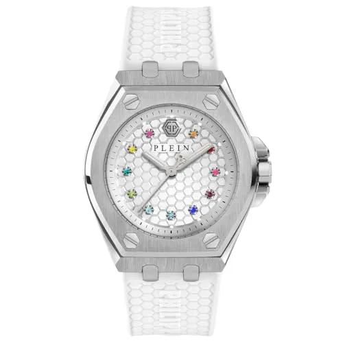 Philipp Plein Watch PWJAA0122 - Elegante Damenarmbanduhr mit silberfarbenem Edelstahlgehäuse und hochwertigem Quarzwerk. Das stilvolle Design mit weißem Silikonarmband und Mineralglas macht sie zum perfekten Accessoire für jeden Anlass.