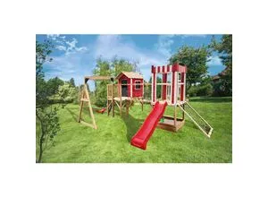 Spielpark Holz Kinderspielpark - Kletterpark aus Kiefernholz - Spieltürme aus massivem, unbehandeltem Kiefernholz, inklusive Spielhaus, Kletterwand und Sandkasten. Ideal für kreative Spielabenteuer im Garten!