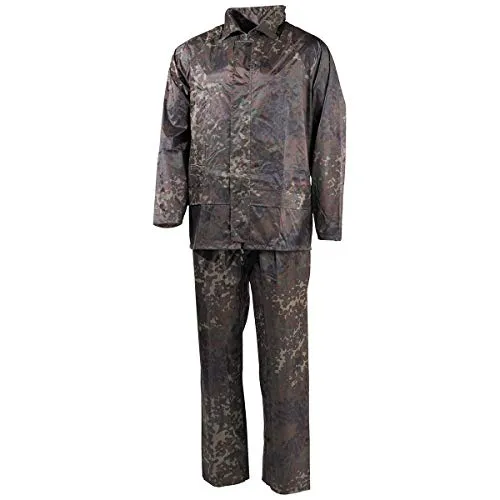 MFH Regenanzug Jacke + Hose (Flecktarn, XXL) für Sie und Ihn - Wasserdichter Regenanzug mit verstellbarer Kapuze und belüfteten Einsätzen. Ideal für Outdoor-Aktivitäten und schlechtes Wetter.