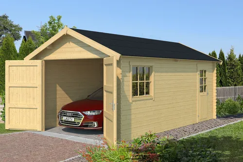 Garage Satteldach 34 mm Dillon 320x560 cm Lasita - Robuste Holzgarage mit Satteldach, 1 Fenster und 2 Türen, ideal für die Lagerung von Gartenutensilien. Hohe Nutzfläche von 15,63 m² und hochwertige Blockbohlenkonstruktion.