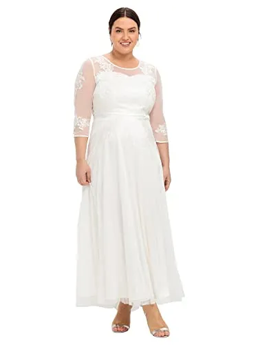Sheego Damen Abendkleid mit weitem Rockteil - Elegantes Abendkleid in Offwhite mit A-Linie und Corsagenoptik, ideal als Hochzeitskleid. Der transparente Schulterbereich und der tiefe V-Ausschnitt verleihen einen besonderen Look.
