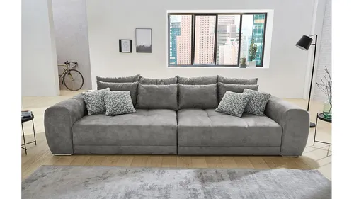 Bigsofa Megasofa XXL Moldau - Graues Microfaser Sofa mit Federkern - Stilvolles XXL Sofa für das Wohnzimmer, mit bequemem Federkern und Kissen. Ideal für gesellige Abende, bietet Platz für bis zu 4 Personen und überzeugt durch modernes Design.