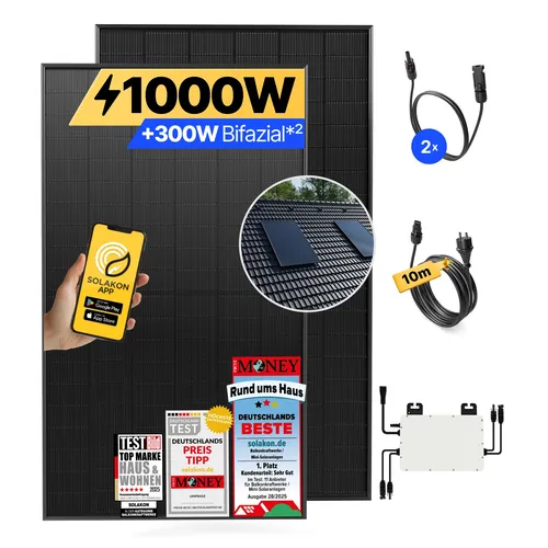 Balkonkraftwerk 1000W/800W - Steckerfertige Solaranlage mit Dachhalterung - Komplettset für einfache Installation und sofortige Stromersparnis. Optimal für Balkon und Dach, Kabellänge: 10m.