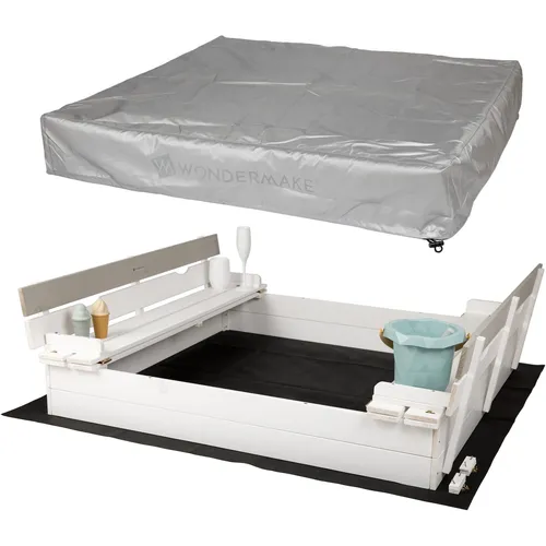 WONDERMAKE Sandkasten mit Abdeckung und Sitzbank - Quadratischer Sandkasten aus Holz mit Sitzbänken, inkl. Bodenfolie und silberner Abdeckung, ideal für Kinder ab 3 Jahren und perfekt für den Garten.