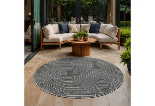 SANAT Berlin Wetterfester Outdoor Teppich - Grau, 150 cm Rund - Teppich für Innen- und Außenbereiche, pflegeleicht aus 100 % Polypropylen, ideal für Wohnzimmer, Terrasse und kinderfreundlich.