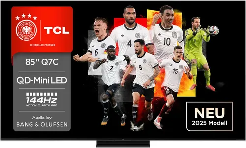 TCL 85Q7CX2 QLED Mini LED-Fernseher - 85 Zoll Smart-TV mit Google TV und beeindruckendem Audio von Bang & Olufsen. Genießen Sie atemberaubende 4K HDR-Bilder und präzises Dimming für ein unvergleichliches Fernseherlebnis.