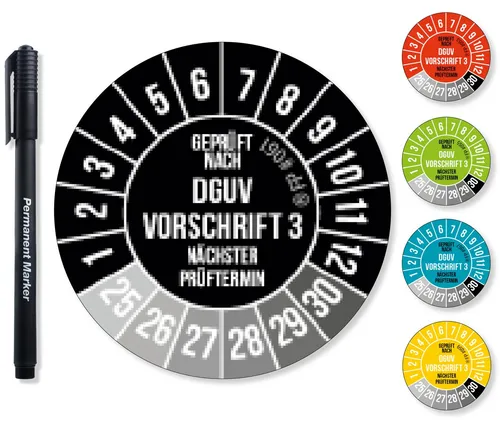 Frank Paperman Aufkleber DGUV V3 Prüfplaketten 20-30 mm Ø inkl. Folienstift, Prüfplaketten, (60tlg), Nächster Prüftermin, UV-beständig, Hohe Klebkraft