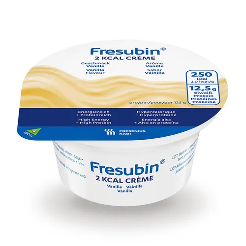 FRESUBIN 2 kcal Crème Vanille 24 x 125 g - Arzneimittel für hochkalorische Ernährung, eiweißreich und ballaststoffarm, ideal bei Schluckstörungen. Praktische, cremige Konsistenz für eine einfache Nährstoffaufnahme.