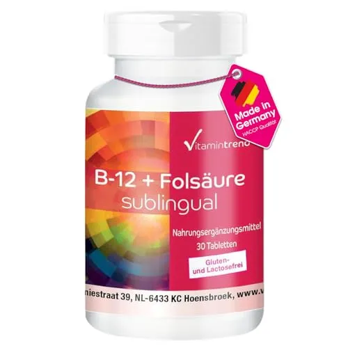 Vitamin B-12 + Folsäure sublingual ! 1-MONATS-VORRAT ! 30 Tabletten mit 500μg Vitamin B12, 100µg Folsäure & Acerola - hohe Dosierung - vegan - bioverfügbare Supplements aus Deutschland | Vitamintrend®