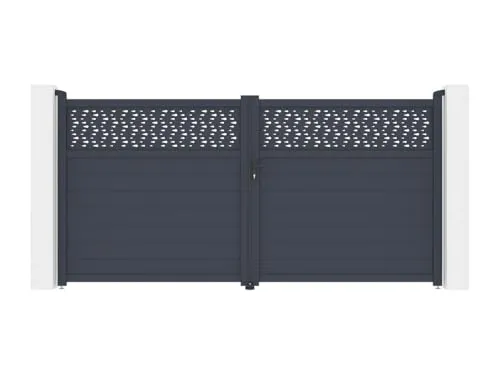 EXPERTLAND - Elektrisches Flügeltor in Aluminium mit Teilmotiven L355 x H182 cm dunkelgrau - BAZIO - Elegantes Flügeltor aus Aluminium in Anthrazit, ideal für Ihren Garten. Mit praktischem Torantrieb und ansprechendem Design. Witterungsbeständig und pflegeleicht, einfach zu installieren. Hochwertige Markenqualität für langfristige Zufriedenheit.