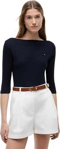 3/4-Arm-Shirt TOMMY HILFIGER "NEW CODY SLIM BOAT-NK 3/4SLV" - Elegantes Damen-Shirt in Blau mit 3/4-Ärmeln und U-Boot-Ausschnitt. Aus 100% Baumwolle, bietet es hohen Tragekomfort und einen slim fit Schnitt. Ideal für einen casual Look.