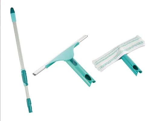 Leifheit Fenster Reiniger 3er Set - Fensterwischer mit Teleskopstiel 45552 - Fensterpflege-Set mit Einwascher, Abzieher und verstellbarem Teleskopstiel (80-135 cm) für streifenfreies Abziehen und hygienische Reinigung bei 40°C.