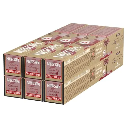 NESCAFÉ Farmers Origins Colombia Espresso Entkoffeiniert - 6 x 10 Kaffeekapseln für Nespresso - Kaffeekapseln & Pads mit fruchtigem Geschmack, ideal für Kaffeeliebhaber, die entkoffeinierten Genuss suchen. Hergestellt aus 80% recyceltem Aluminium für Nachhaltigkeit.