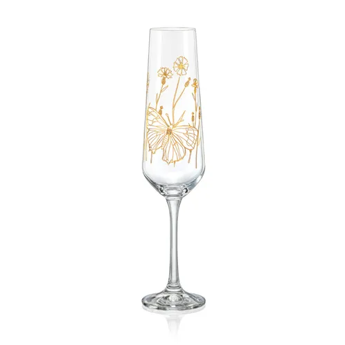 Crystalex Sektglas Sektglas Sektgläser Wild Flowers Schmetterling, Kristallglas, Pantografie in Gold, 6er Set weiß