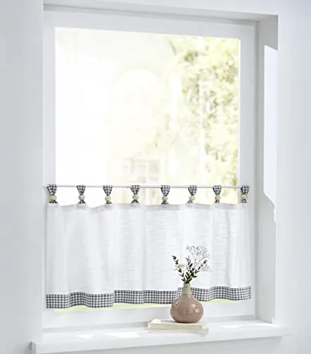 Cottage Scheibengardine Bistrogardine - Scheibengardinen & Kurzstores, elegante weiße Raffgardine aus 100% Baumwolle mit Schlaufen und Holzkugeln für einfachen Sichtschutz und pflegeleichte Handhabung.
