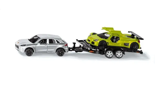 siku 2544 - PKW mit Transport-Anhänger und Sportwagen 1:55, detailgetreu und ideal für kleine und große Auto-Liebhaber