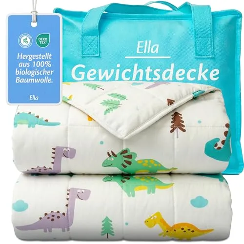 Ella Gewichtsdecke Kinder 2,4 kg 90x120 cm – Therapiedecke, für Stressabbau & Angstzustände, Hypoallergene Glasperlen, weiche & kühlende Baumwoll- Außenschicht, für Kinder von 15-25 kg – Dino