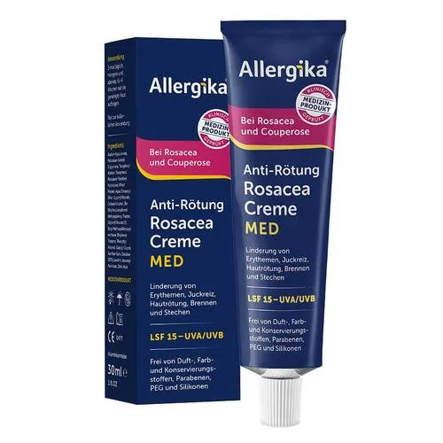 Allergika Anti-Rötung Rosacea Creme Med - Arzneimittel zur Linderung von Rosacea-Beschwerden, mit Hyaluronsäure und Azeloglicina® für intensive Feuchtigkeit und Schutz vor UV-Strahlung (LSF 15). Ideal für empfindliche Haut.