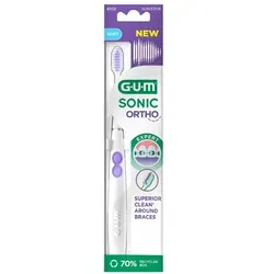 GUM SONIC ORTHO Schallzahnbürste - Elektrische Zahnbürsten für die effektive Reinigung bei Zahnspangen, sanfte Schallvibrationen und innovatives Bürstenkopfdesign sorgen für 45 % bessere Reinigung in schwer zugänglichen Bereichen.