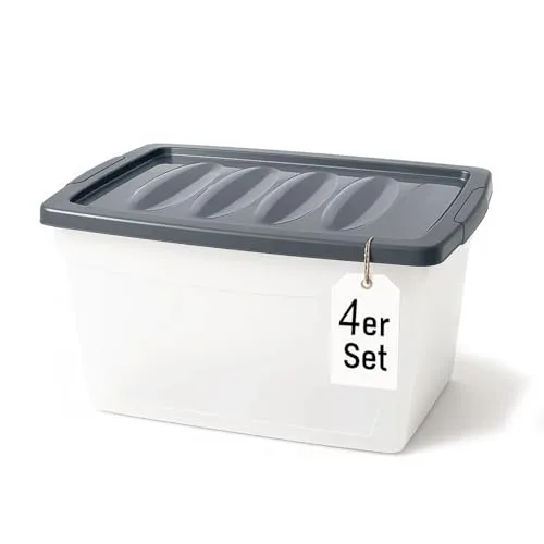 BigDean 4x 60 L Aufbewahrungsbox mit Deckel - Praktische Lösung für jeden Haushalt - Aufbewahrungsbehälter mit Deckel, stapelbar und platzsparend, ideal für Kleidung, Spielzeug und Deko – robust und milchig-transparent für einfachen Inhaltseinblick.