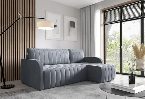 LIKMA Ecksofa Otto L-Form 224 cm Dunkelgrau Moderne Sofas & Couches - Velvet Sofa mit Schlaffunktion - Schlafsofa mit Bettkasten - Wohnlandschaft mit Bettzeugbehälter, Stoff: Jasmine 96