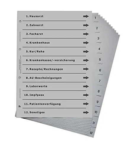 Ordnerregister für Arzt und Gesundheit, durchdachtes Register für DIN A4 Ordner, Gesundheitsordner für alle wichtigen Unterlagen, lichtgrau