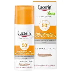 Eucerin Sun Photoaging Control Face CC Creme Mittel LSF 50+ - Sonnenpflege für das Gesicht mit sehr hohem Schutz LSF 50+, ideal für sensible Haut. Hyaluronsäure sorgt für Feuchtigkeit und einen gleichmäßigen Teint, mindert Zeichen der Hautalterung.