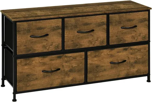 Woltu Kommode mit 5 Schubladen - Schubladenkommode in Vintage-Holzoptik und Schwarz, ideal für stilvolle Aufbewahrung mit einfacher Selbstmontage und wasserfester Oberfläche.