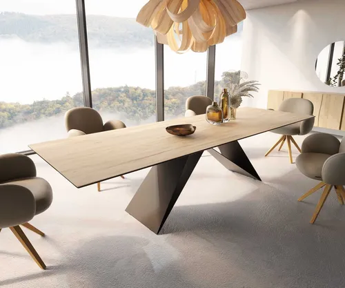 DELIFE Esstisch Edge 300x100 Keramik Laminam® Sabbia Eichefarbig V-Gestell Flachstahl Schwarz